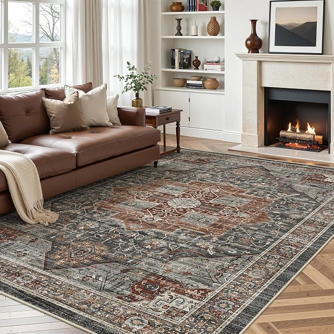 Roxstand 5x7 Area Rugs, Stain Resistant Machine Washable Area Rugs with Non-Slip Backing, Vintage Rugs for Bedroom, Living Room, Large Soft Low Pile Area Rug (Grey/Brown/Tan, 5'x7')