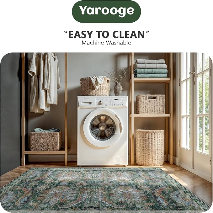 2x6 Hallway Runner Rug, Washable Vintage Retro Long Runner Rugs for Kitchen Laundry, Soft Ultra Thin Non Slip Low Pile Traditional Area Carpet for Bedroom Bathroom Indoor, Green