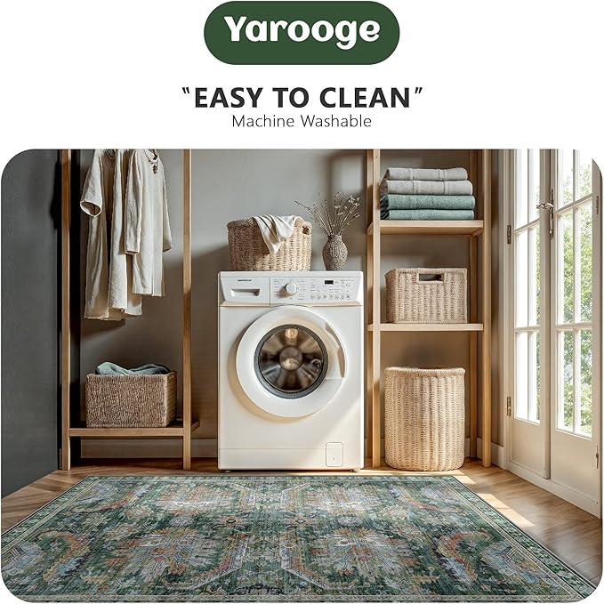 2x10 Hallway Runner Rug, Washable Vintage Retro Long Runner Rugs for Kitchen Laundry, Soft Ultra Thin Non Slip Low Pile Traditional Area Carpet for Bedroom Bathroom Indoor, Green