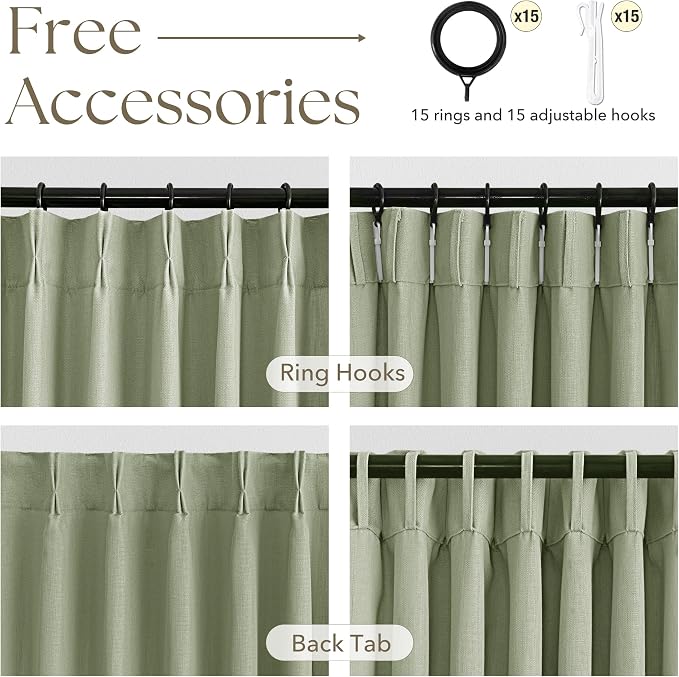 Sage Green Pinch Pleated Linen Curtains 72 Inch Length 2 Panels for Living Room Bedroom Textured Semi Sheer Drapes Pinch Pleat Rings Window Curtain 40x72