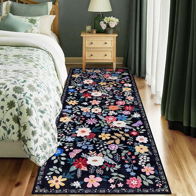 Runner Rug for Entryway: 2x5 Kitchen Rugs Non Slip Washable Ultra-Thin Soft Floral Carpet Indoor Floor Stain Resistant Carpets for Hallway Bedroom Kitchen Laundry Bathroom Dorm Black