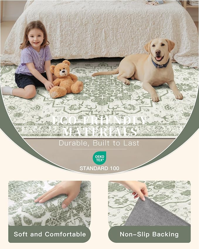 Madane 8x10 Area Rugs for Living Room, Machine Washable Vintage Green Rug with Non-Slip Backing, Soft Throw Large Rug, Thin Carpet for Bedroom Dining Room Farmhouse Under Table, Green/Ivory