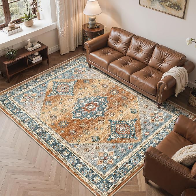 Roxstand 6x9 Area Rug for Living Room, Washable Vintage Thin Rugs with Non-Slip Backing Indoor Floor Carpet, Stain Resistant Area Rugs for Bedroom Dining Room (Navy/Orange, 6'x9')