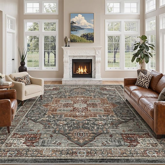 Roxstand Area Rugs 9x12 Living Room, Vintage Soft 9x12 Rug with Non-Slip Backing, Low Pile Stain Resistant Large Washable Area Rug for Dining Room, Bedroom, Office (Grey/Brown/Tan, 9'x12')