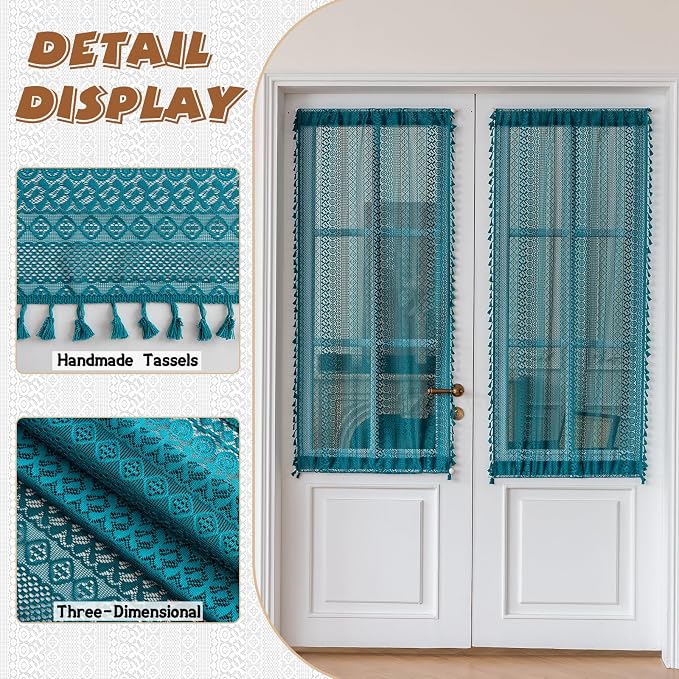 Sutuo Home Teal French Door Curtains for Front Glass Door & Sidelights, Semi Sheer Farmhouse Bohemian Rustic Tassels Vintage Privacy Cottagecore Festival Decor, Rod Pocket 2 Panels 25" W x 72" L Teal