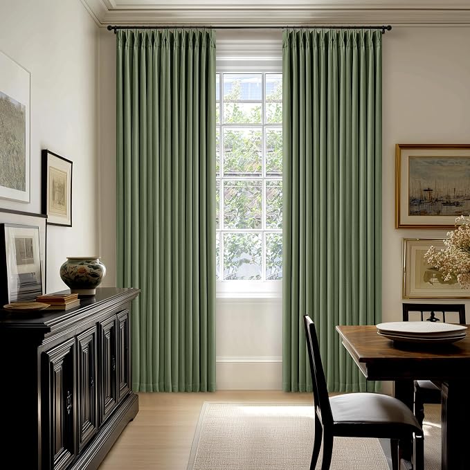 Thick Linen Olive Green Blackout Curtains 90 Inches Long for Living Room Bedroom 100% Black Out Pinch Pleated Drapes Double Layer Room Darkening Light Blocking Thermal Insulated 90 Inch Curtain Loden