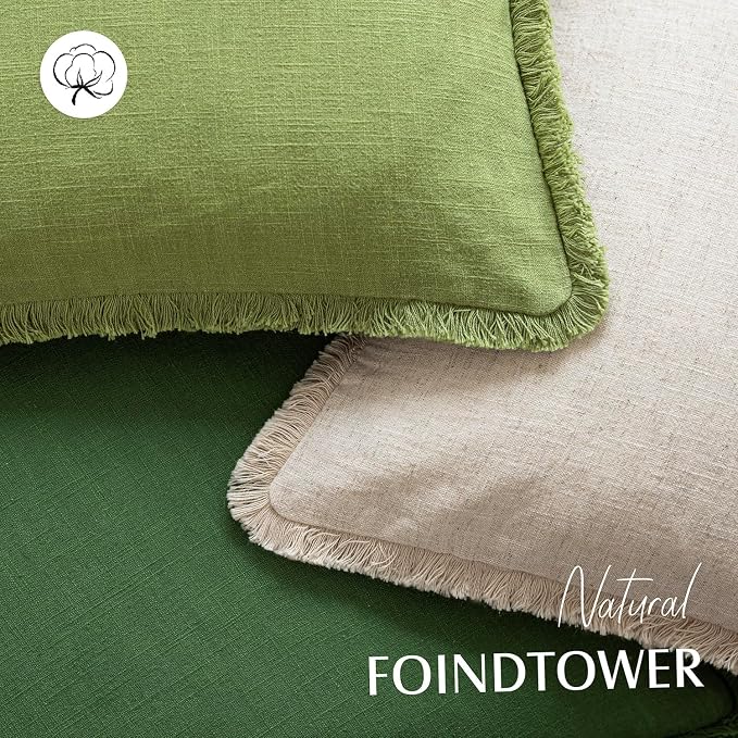 Foindtower Set of 2 Decorative Linen Fringe Throw Pillow Covers Cozy Boho Farmhouse Cushion Cover with Tassels Soft Accent Pillowcase for Couch Sofa Bed Living Room Home Decor,22×22 Inch,Lush Green