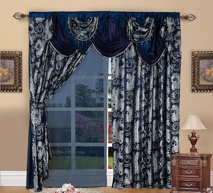 GLORY RUGS Jacquard Luxury Window 2 Panel Set Navy Curtain with Attached Valance and Backing Bedroom Living Room Dining 2 Curtains 55x84 inches Each Jana