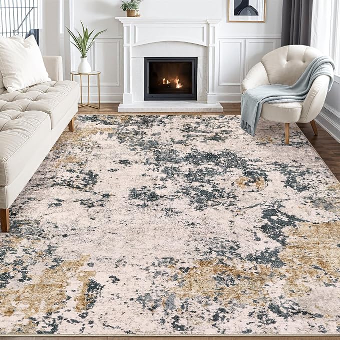 Area Rugs for Living Room: 10x14 Abstract Washable Rug Large Soft Stain Resistant Non-Slip Backing for Bedroom Dining Room Indoor Home Office Carpet for Kids Pet Friendly Families - Grey Gold