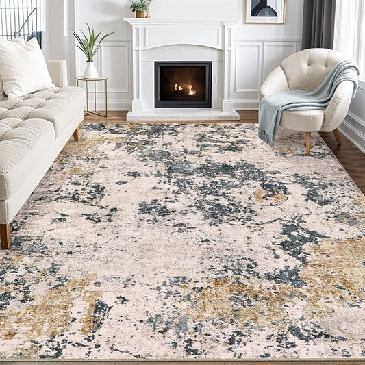 Area Rugs for Living Room: 10x12 Abstract Washable Rug Large Soft Stain Resistant Non-Slip Backing for Bedroom Dining Room Indoor Home Office Carpet for Kids Pet Friendly Families - Grey Gold