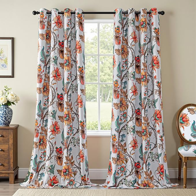 MYSKY HOME Floral 95% Blackout Floor to Ceiling Curtains 102 inches Long for Dining Room Thermal Insulated Light Blocking Spring French Country Coquette Flower Drapes, 2 Pcs, 52" Wide, Greyish White