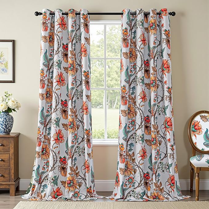 MYSKY HOME 95% Blackout Floral Curtains 95 inches Long Black Out Thermal Insulated Privacy Protect Energy Efficient Vintage Spring Floral Print for Living Dining Room, 2 Panels, 52" W, Greyish White