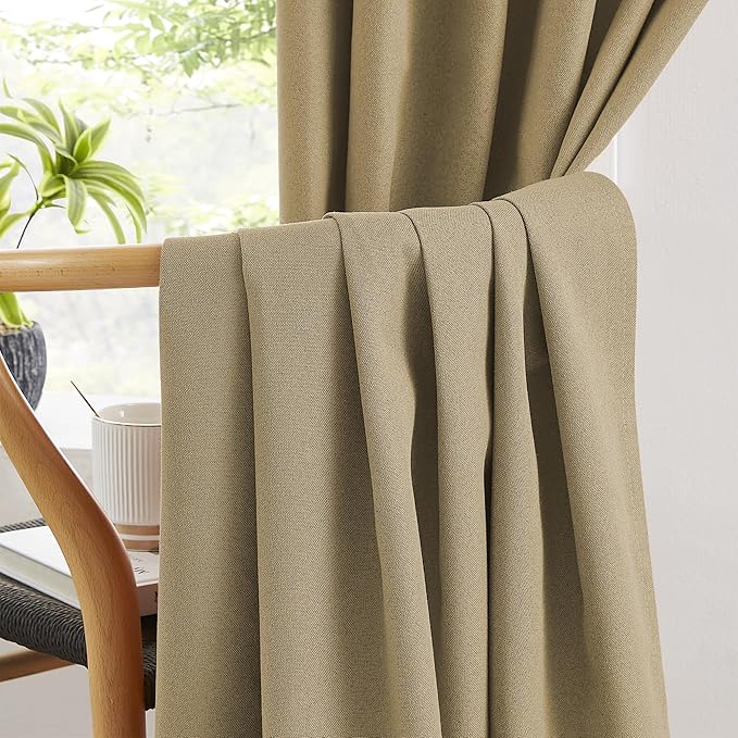 KEQIAOSUOCAI 90 Inch Burlap Natural Farmhouse Curtains Panels, Full Blackout Thermal Insulated Sound Proof Country Rustic Window Drapes for Living Room 2 Panels, W50 x L90 Inch, Tan Brown