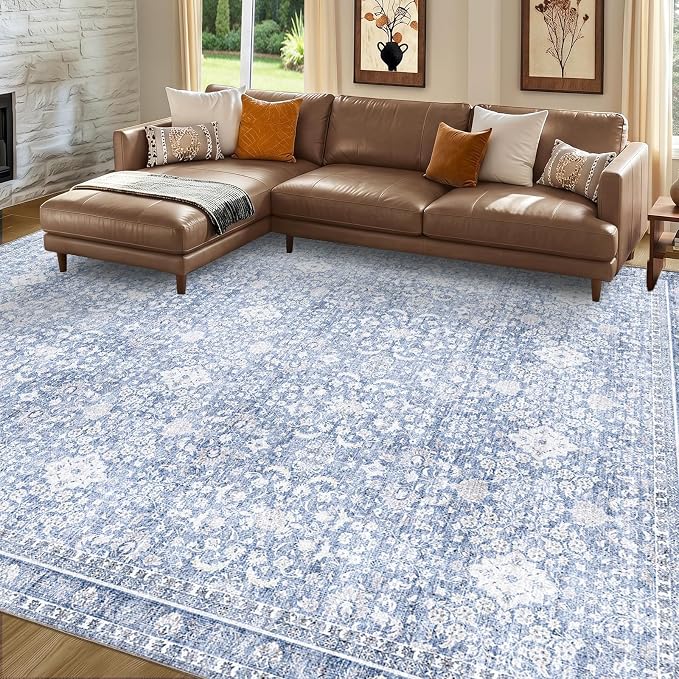 Sasttie 8x10 Area Rugs, Ultra-Soft Washable Rug, Low Pile Foldable Thin Carpets with Non-Slip Backing, Skin-Friendly Stain Resistant Carpet for Living Room, Bedroom, Kitchen, Dorm, 8x10, Light Blue