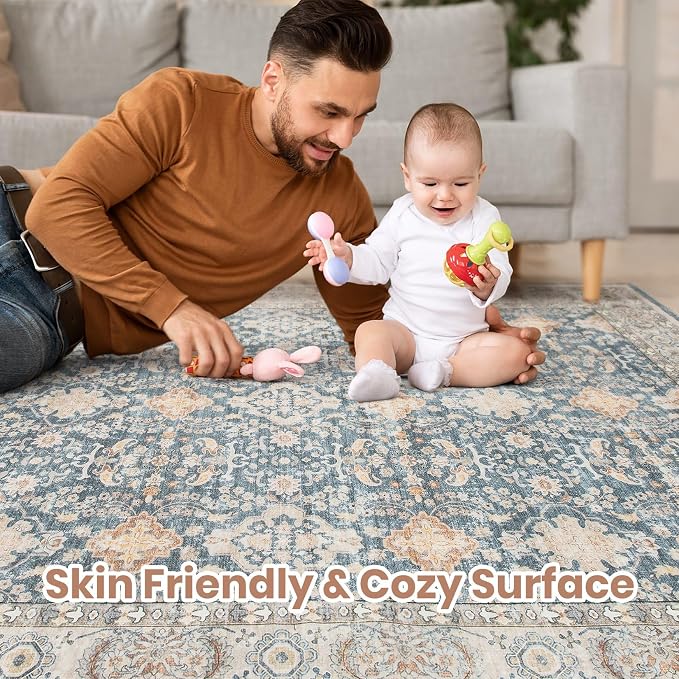 Vintage Living Room Area Rug 9x12 - Large Soft Washable Oriental Traditional Distressed Farmhouse Rugs for Bedroom - Indoor Floor Accent Carpet for Home Office House Decor - Dark Blue