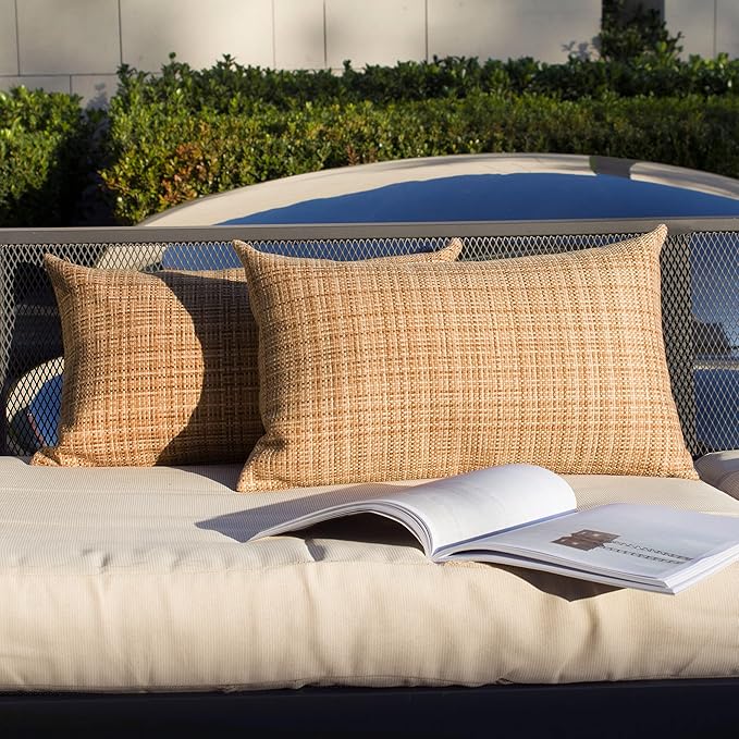 Kevin Textile Outdoor Waterproof Throw Pillow Covers 14x24 Inch Pack of 2 Woven Faux Linen Farmhouse Decorative Water Resistant Lumbar Cushion Covers for Tent Patio Garden Couch Sofa Beige