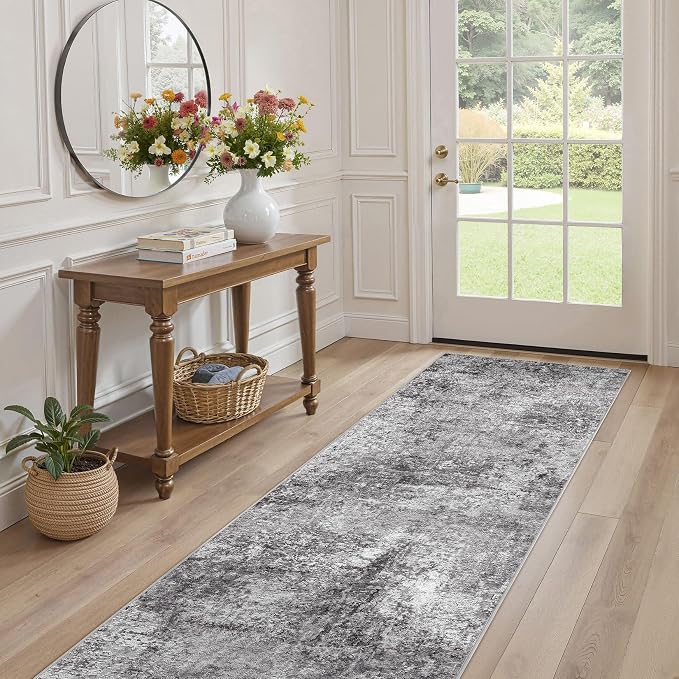DMOYEST Washable Runner Rug for Hallway: 2.6x12 Neutral Modern Abstract Low Pile Area Rug with Non-Slip Backing - Carpet for Bedroom Kitchen Laundry Entryway Bathroom Indoor - Grey