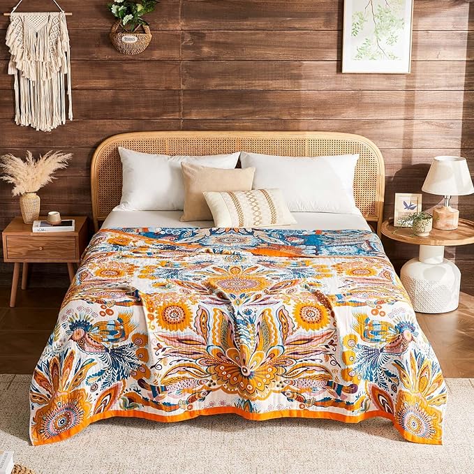 Boho Blanket Soft Muslin Boho Throw Blanket 100% Cotton Blanket All Seasons Reversible Rustic Floral Printed Vintage Rustic Farmhouse Decor Throw for Sofa Couch Chair (Yellow, 50"x60")