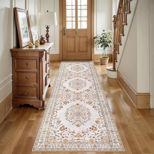Tangsoo 2.6x8 Washable Runner Rug for Hallway Non Slip, Boho Vintage Beige Rug Carpet Long Runner Rugs for Entryway Kitchen,Indoor Floor Low Pile Runners for Laundry Bedroom Alfombra Farmhouse Bedside