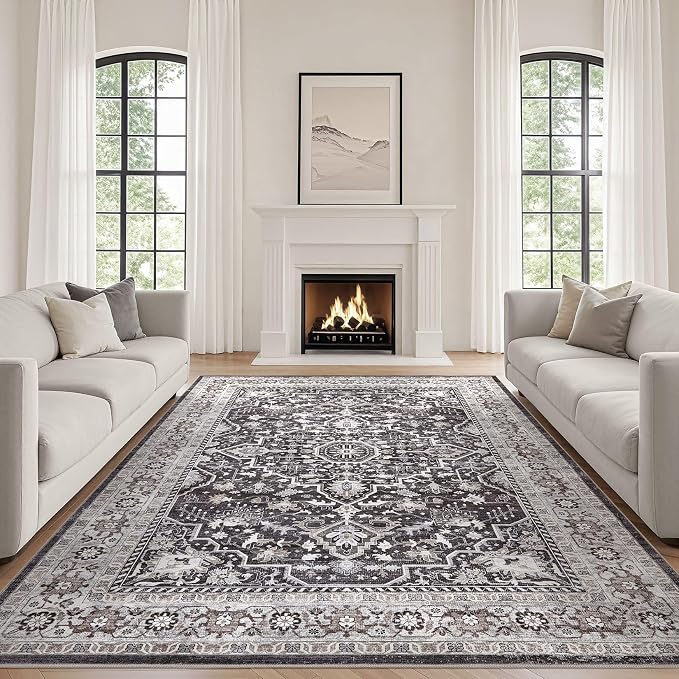 Black Rug Living Room Rugs: 7x9 Washable Boho Large Vintage Moody Soft Stain Resistant Oriental Farmhouse Non-Slip Indoor Floor Carpet for Bedroom Playroom Office Dining Room Retro Home Decor