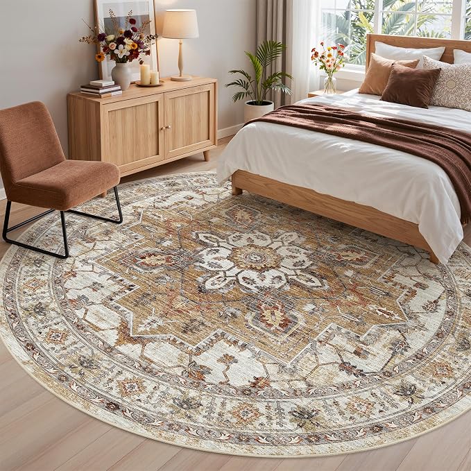 Madane Washable 8ft Circle Round Rug, 8x8 Circular Area Rugs, Turmeric/Grey | Non-Slip Vintage Floor Carpet for Living Room Dining Room, Low Pile Home Decor Mat For Bedroom Office Under Table