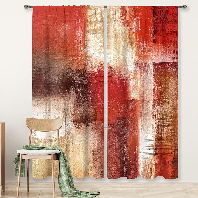 MESHELLY Red Curtains 52Wx84H Inch Rod Pocket Abstract Rustic Vintage Burgundy Brown Modern Oil Painting Bedroom Window Drapes Contemporary Women Art Aesthetic Printed Living Room Window Treatment