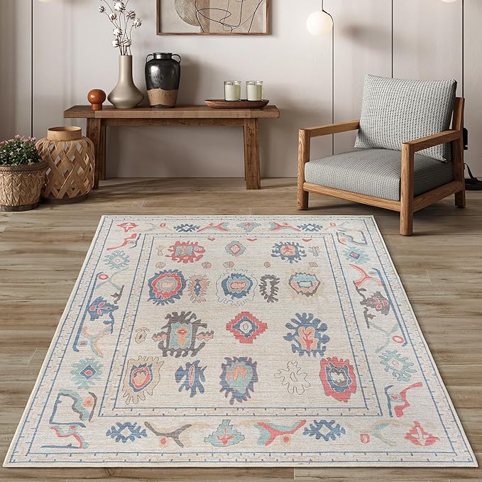 Beige Oushak Large Area Rug 9x12 - Washable Vintage Turkish Non-Slip Backing Pastel Oversized Large Rugs for Living Room Dining Room, Bedroom, Lounge, Farmhouse