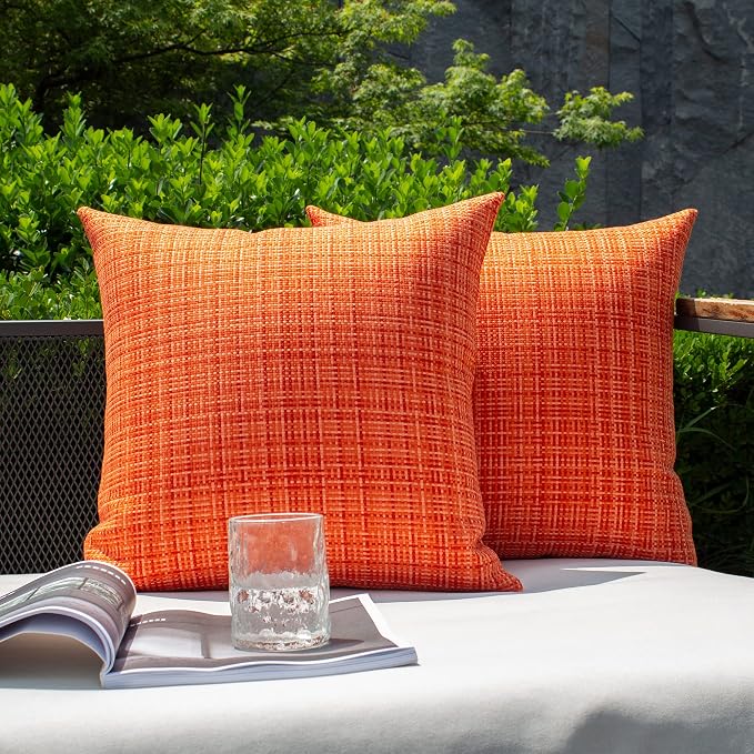 Kevin Textile Pack of 2 Decorative Outdoor Waterproof Throw Pillow Covers Stripe Square Pillowcases Fall Decorative Modern Cushion Cases for Patio Couch Bench 18 x 18 Inch Orange