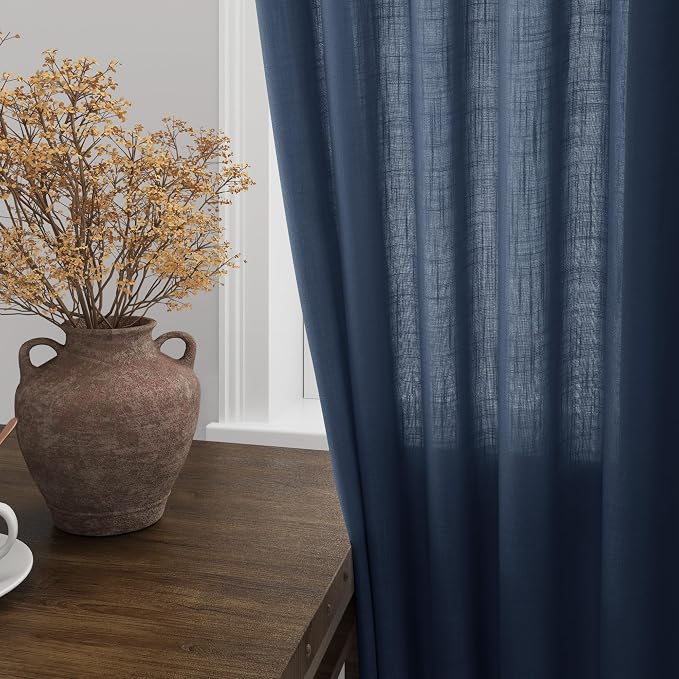 Nanspring Denim Blue Linen Curtains 96 Inches Long 2 Panels Set for Living Room Rod Pocket Back Tab Semi Sheer Light Filtering Protect Privacy Denim Blue Curtain for Bedroom Floor Length 52x96