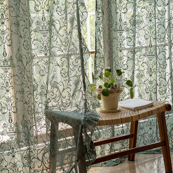 TUDECO Olive Green Sheer Curtains 84 Inch Long - Rustic Country Green Lace Curtains for Living Room Tulle Floral Ruffle Privacy Spring Decor Light Filtering 2 Panels, 59 x 84 Inch