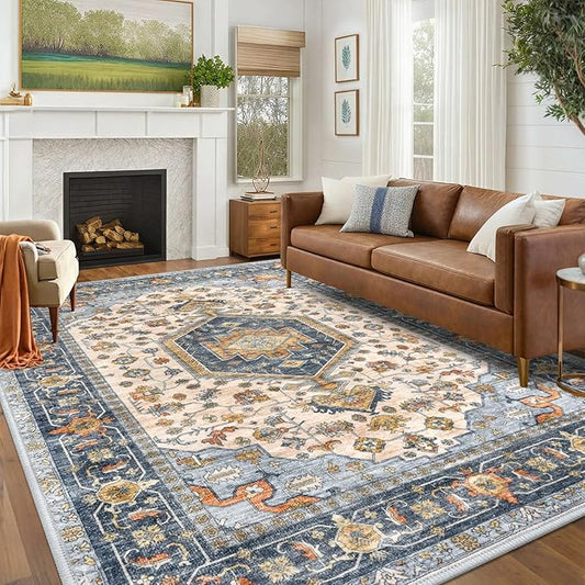 KUTA Living Room Rug 6x9 Ivory Blue, Vintage Washable Large Area Rugs 6ft x 9ft, Non-Slip Boho Printed Dining Room Carpet, Indoor Low-Pile Cozy Room Throw for Office Bedroom