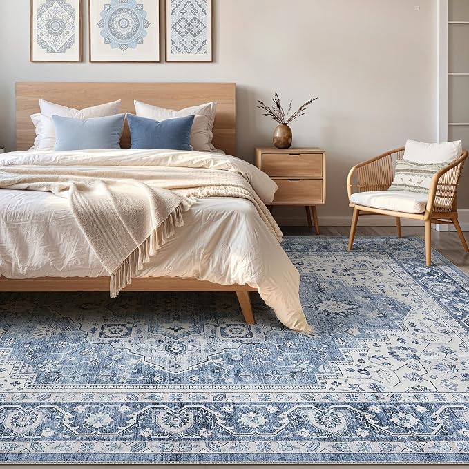 10x12 Area Rug Living Room: Washable Boho Large Neutral Vintage Soft Rug Stain Resistant Farmhouse Non-Slip Indoor Floor Retro Carpet for Bedroom Nursery Kids Office Dining Room- Blue Gray