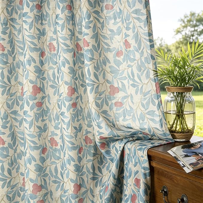 RoomTalks 63 Inches Boho Floral Curtains for Bedroom Dining Living Room Nursery Light Filtering, Country Farmhouse Vintage Elegant Faux Linen Window Curtain Panels Cute Aesthetic Cottagecore Drapes