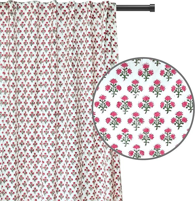 ATOSII 100% Cotton Single Panel Floral Block Print Curtain, Easy Hanging with Rod Pocket & Loop, Living Room, Dining Room, Bedroom Light Filtering Boho Curtains, Set of 1, 60"W X 96"L, Gulbahar Pink