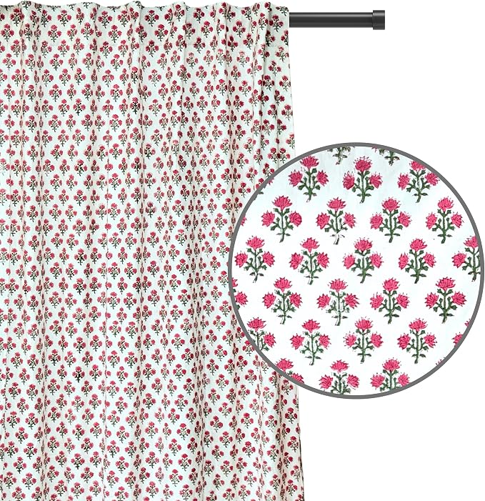 ATOSII 100% Cotton Single Panel Floral Block Print Curtain, Easy Hanging with Rod Pocket & Loop, Living Room, Dining Room, Bedroom Light Filtering Boho Curtains, Set of 1, 60"W X 84"L, Gulbahar Pink