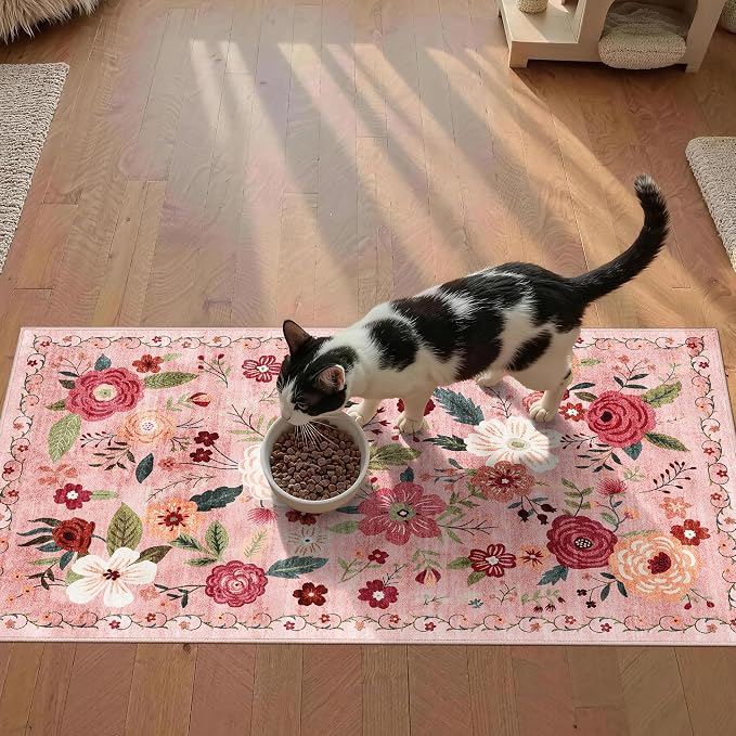 2x4 Washable Runner Rug Kitchen Hallway Area Rug Vintage Boho Floral Ultra Non-Slip Low Pile Soft Faux Wool Carpet Kids and Pets Friendly for Bathroom Bedroom Entryway Nursery Home Rug Dark Pink