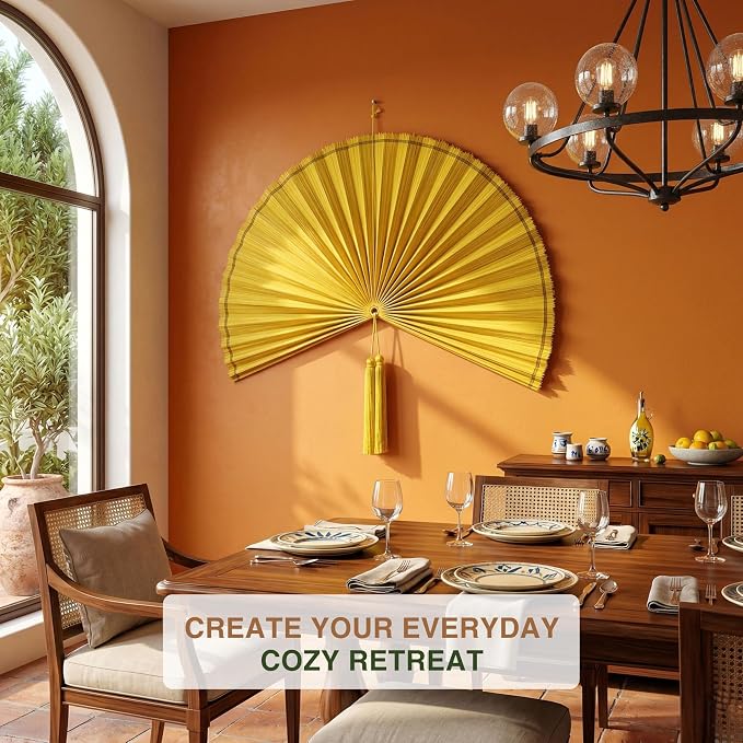 SUCHUBU Honey Yellow Wall Fan, 47" Premium Handwoven Bamboo Decor, Large Japanese Hanging Fan, Luxurious Asian Wall Art, Shimmering Boho Decor, Artisan Crafted Weaving (Yellow, Large)