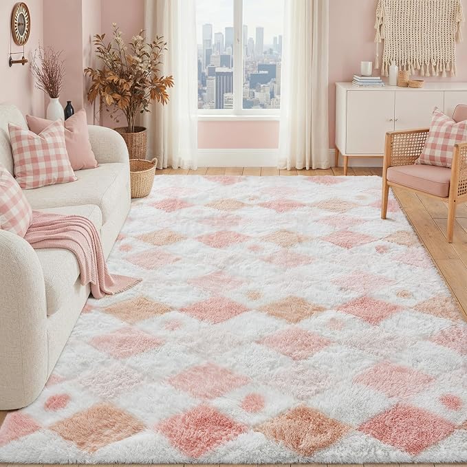PureCozy Checkered Rug 5x7 Fluffy Shag Living Room Pink Area Rug Modern Washable Carpet Soft Shaggy Non Slip Indoor Plush Fuzzy Rugs for Bedroom Dorm Office Home Aesthetic Decor