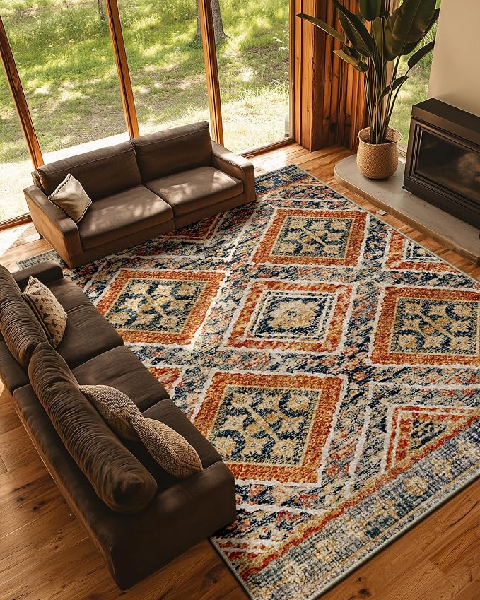 BESTSWEETIE Area Rug 9x12 Rug Machine Washable Non-Slip Low Pile Print Pattern Western Rug for Living Room Bedroom Entryway Tribal Series -Orange/Brown