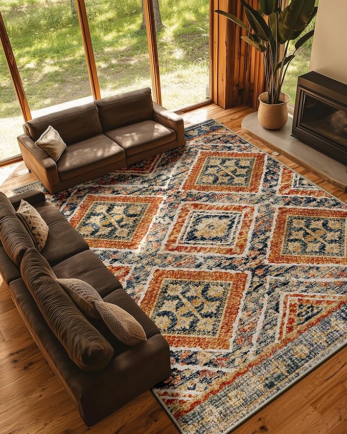 Area Rug 8x10 Rug Machine Washable Non-Slip Low Pile Print Pattern Western Rug for Living Room Bedroom Entryway Tribal Series -Orange/Brown