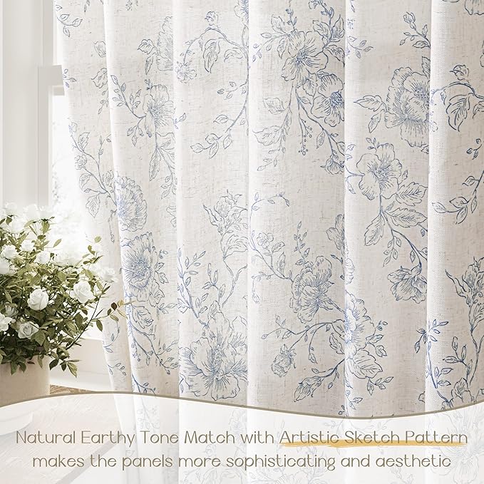 Pinch Pleat Floral Linen Curtains 102 inch Long Blue and Cream Memory Trained Curtain Light Filtering Living Room Farmhouse Flower Pattern Printed Pleated Drapes with Hooks 2 Panels 40“W x 102"L