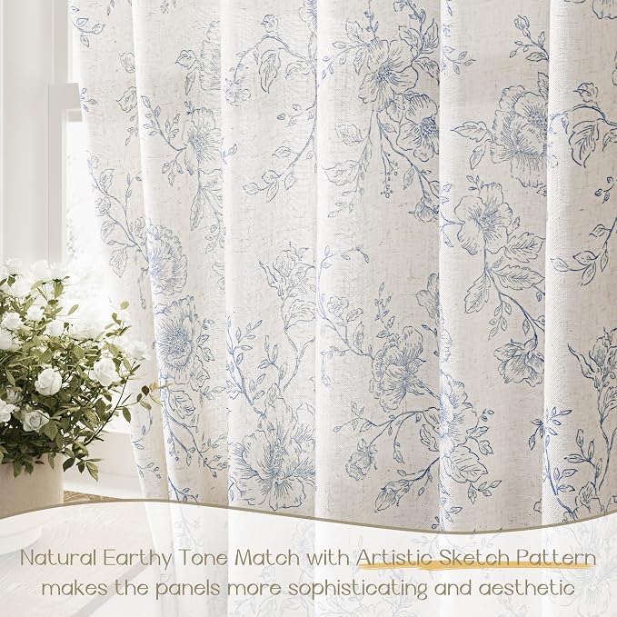 Pinch Pleat Blue Floral Curtains 84 inch Long Memory Trained Linen Curtain Light Filtering Living Room Farmhouse Blue and Cream Flower Pattern Printed Pleated Drapes with Hooks 2 Panels 40“W x 84"L