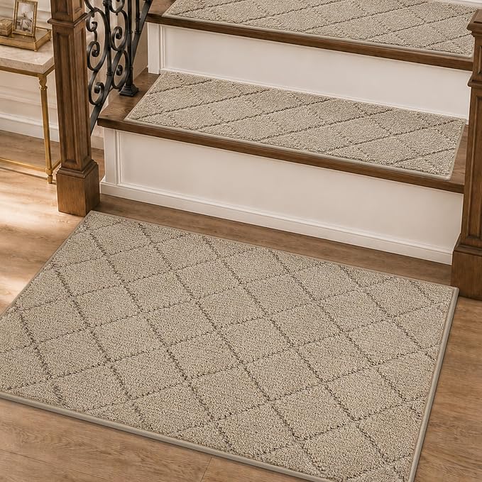 COSY HOMEER Stair Landing Rug Non-Slip 20"x32" Stair Treads for Wooden Steps,Washable Peel and Stick Stair Treads Matching Mats,Pet Friendly Soft Reusable Stair Landing Mat for Kids and Elders,Beige