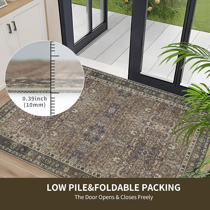 8x10 Vintage Washable Area Rug for Living Room,Low Pile Non Slip Carpet Non-Shedding Large Area Rug Soft Indoor Stain Resistant Rug Floral Print Mat for Dining Room Brown Floral