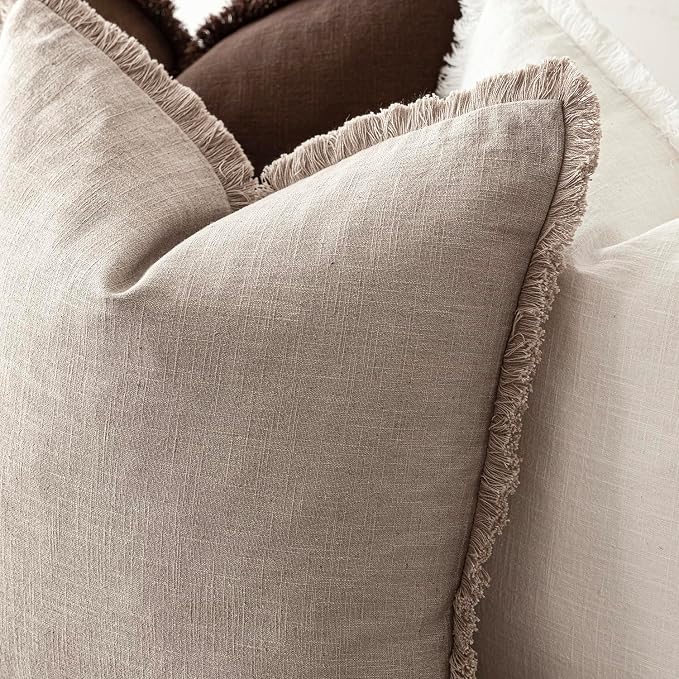 Foindtower Set of 2 Decorative Linen Fringe Throw Pillow Covers Boho Farmhouse Cushion Cover with Tassels Soft Accent Pillowcase for Couch Sofa Bed Living Room Home Decor,26×26 Inch,Natural Linen
