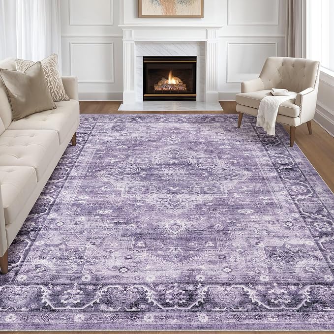 7x9 Area Rug Living Room: Washable Boho Large Neutral Vintage Soft Rug Stain Resistant Farmhouse Non-Slip Indoor Floor Carpet for Bedroom Nursery Kids Playroom Office Dining Room- Purple