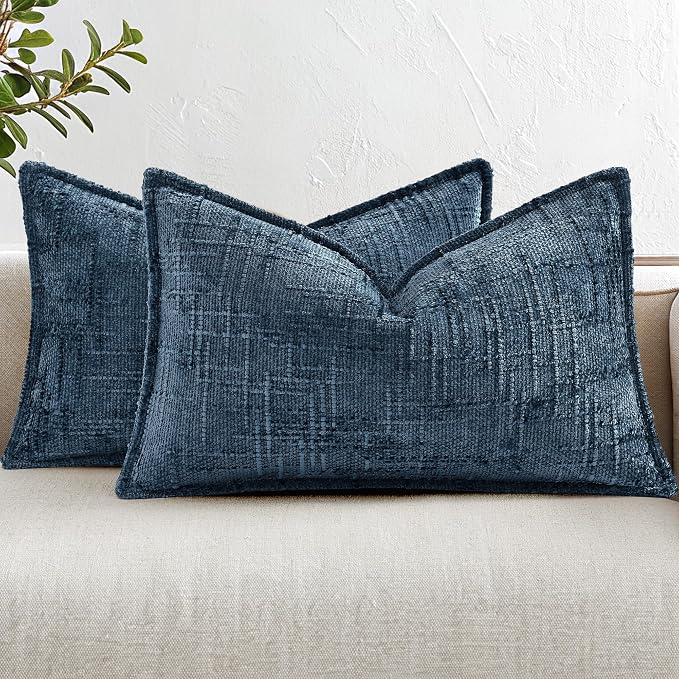 decorUhome Chenille Throw Pillow Covers 12x20 Set of 2, Soft Textured Slubby Modern Decorative Pillow Covers with Elegant Design for Couch, Sofa, Living Room, Navy Blue