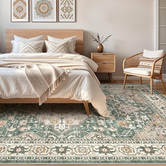 9x12 Area Rug Living Room: Machine Washable Boho Large Vintage Soft Rugs Stain Resistant Farmhouse Oriental Non Slip Indoor Floor Carpet for Bedroom Nursery Kids Playroom Office Dining Room- Green