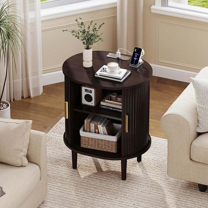 DHH Mid Century Modern Nightstand with Charging Station, Fluted Accent Side Table with Sliding Door & Adjustable Shelf, End Table for Small Space, Living Room, Bedroom,Sofa Couch(1, Dark Walnut)