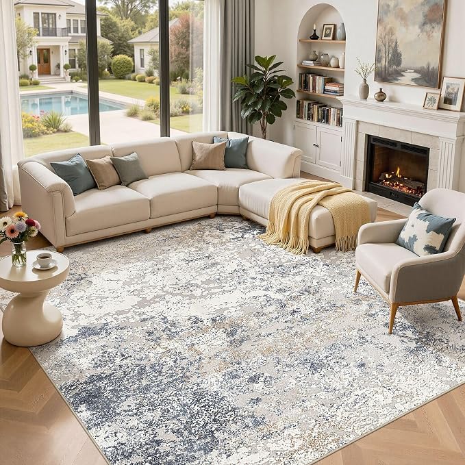 DMOYEST Square Area Rug Living Room Rugs - 12x12 Washable Large Soft Indoor Neutral Modern Abstract Low Pile Rug Carpet for Bedroom Dining Room Farmhouse Home Office - Beige Blue